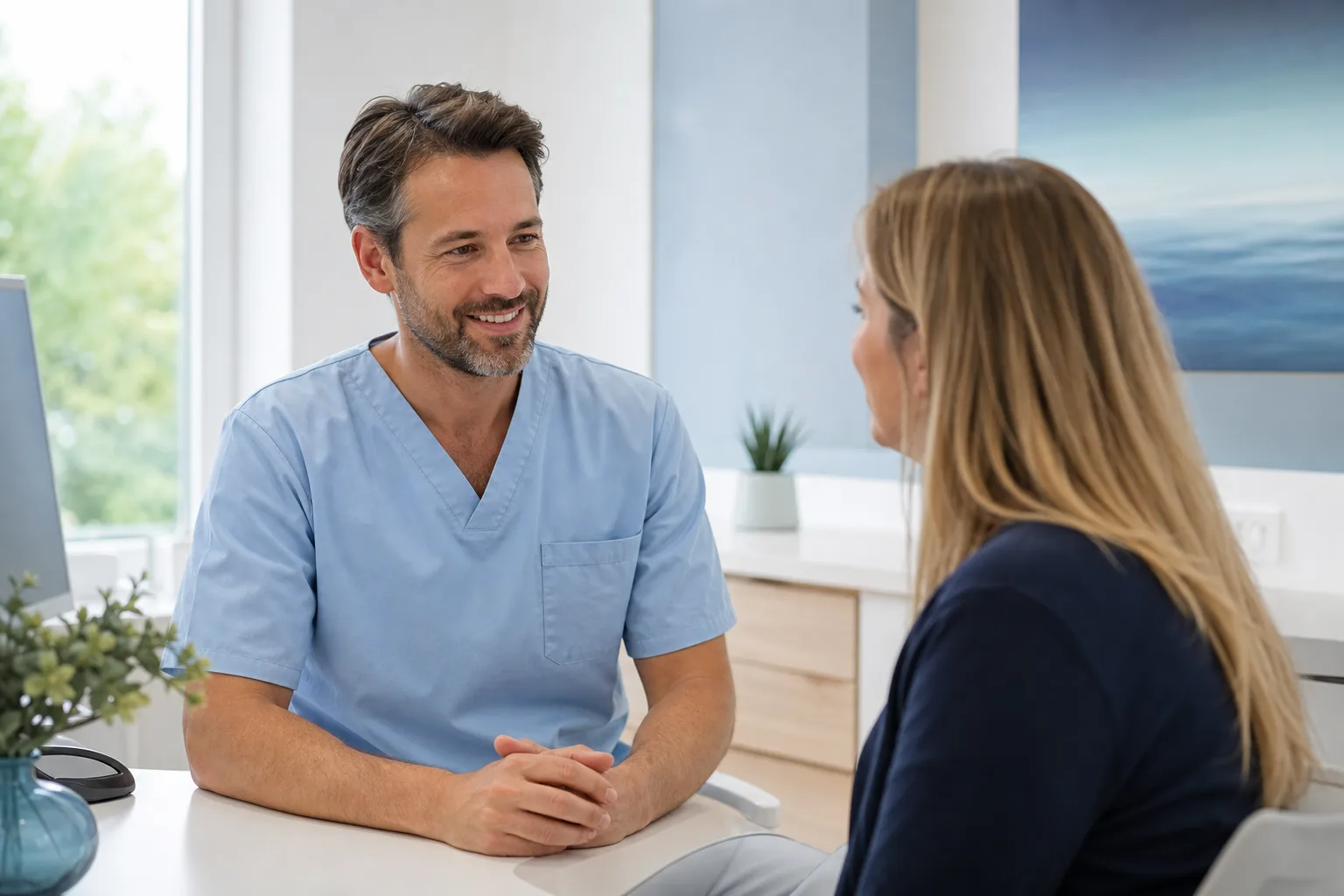 Zahnarzt im persönlichen Gespräch mit einer Patientin